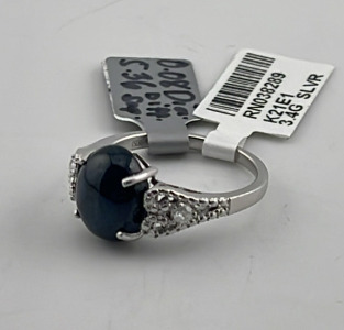 .925 Sterling Silver 5.36ct. Star Sapphire Corundum & 0.08ct. Diamond Ring Size 6-1/2 W/ GGA C.O.A. ($2,280.00 Retail Value)