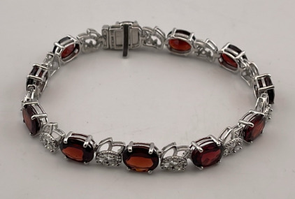 .925 Sterling Silver 21.71ct. Garnet & 0.37ct. Diamond Bracelet W/ GGA C.O.A. ($8,720.00 Retail Value)