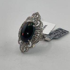 .925 Sterling Silver 4.67ct. Opal & 1.20ct. Diamond Ring Size 7-1/2 ($265.00 Retail Value)