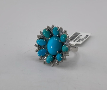 .925 Sterling Silver 6.60ct. Turquoise & 0.27ct. Diamonds Ladies Ring, Size 7 W/ GGA C.O.A. (Retail Value $6,290.00)
