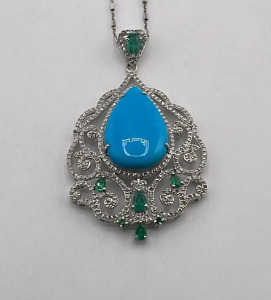 .925 Sterling Silver 14.65ct. Turquoise & 1.49ct. Diamonds Ladies Pendant W/ GGA C.O.A. (Retail Value $7,940.00)