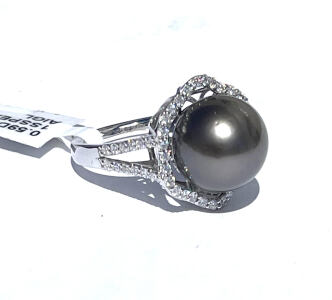 12mm Tahitian Pearl And 0.59ct. Round Cut And Faceted Diamond Platinum Ring, Size 6-1/2 W/ AIGL C.O.A. ( $7,120.00 Retail Value)