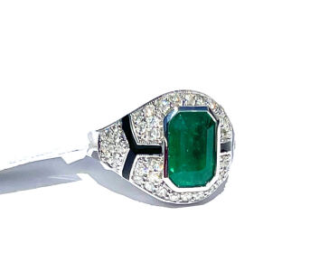 3.36ct. Octagonal Step Cut And Faceted Emerald Beryl And 0.99ct. Round Cut And Faceted Diamonds In Platinum Ring, Size 6-1/2 W/ GGA C.O.A. ( $14,780.00 Retail Value)