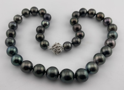 14k. Tahitian Pearl (35 Pearls 11.00mm-14.30mm) & 0.35ct. Diamond Necklace W/ AIGL C.O.A. ( $9,100.00 Retail Value)