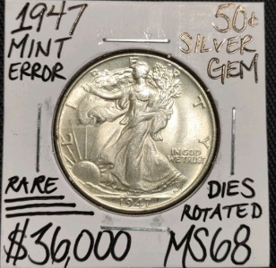 1947 MS68 Rare Mint Error Walking Liberty Half Dollar