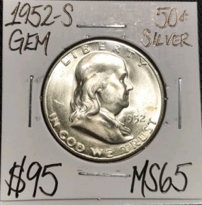 1952-S MS65 Gem Silver Franklin Half Dollar