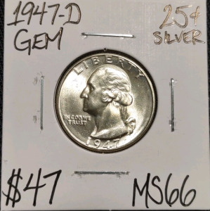 1947-D MS66 Gem Silver Washington Quarter