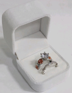 (2) Silver Engagement & Wedding Ring Set w/ Pink & Clear Stones