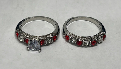 Silver Toned Red & Clear Gemstone Wedding Set Ladies Rings