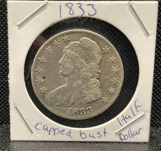 1833 Capped Bust Half Dollar Coin, Philadelphia Mint, 89.24% Silver