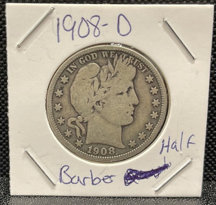 1908-D Barber Half Dollar Coin, 90% Silver, Charles E. Barber Design