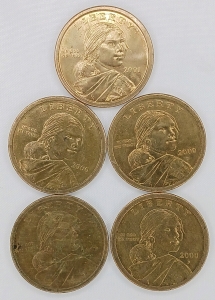 (5) Sacagawea Golden Dollar Coins - 2000 & 2001 Mint Marks