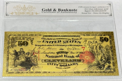 $50.00 99.9 Pure 24k. Carat Gold Banknote W/ C.O.A.