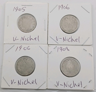 (4) Liberty Head V-Nickels - (1) 1905 (2) 1906 (1) 1908