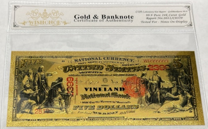$5.00 99.9 Pure 24k. Carat Gold Banknote W/ C.O.A.