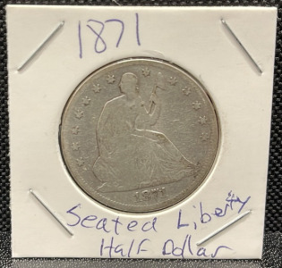 1871 Seated Liberty Half Dollar Coin, United States, 90% Silver