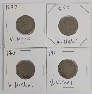 (4) Liberty Head V-Nickels - (1) 1897 (1) 1898 (1) 1900 (1) 1901