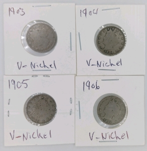 (4) Liberty Head V-Nickels - (1) 1903 (1) 1904 (1) 1905 (1) 1906