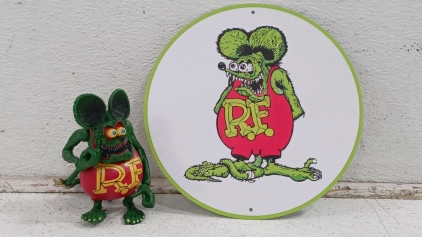 (2) Rat Fink Collectibles - Figurine & Tin Sign