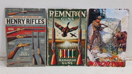 (3) Firearm Tin Signs - (1) Henry Rifles (1) Remington Guns (1) Winchester Hunter