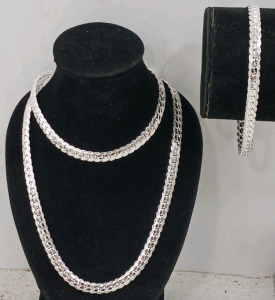 (1) 925 Chain & Bracelet Set- Link Style & Flat Curb Chain
