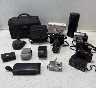 (7) Assorted Cameras- Konica, Kodak, Sony, Samsung, Pentax, And Vivitar, (1) Canon Lens In Leather Case, Canera Bags, Camera Accessories And More