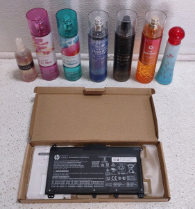 (7) Assorted Women's Purfumes & (1) HP HT03XL Rechargeable Li-ion Battery