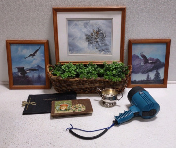 (1) Print Picture "Lost & Found" (2) Painted Pictures of American Eagles (1) Silver Plated Dish & Much More!