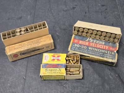 (1) Full Box Winchester Peters .30-30 High Velocity, Vintage Partial Box of Remington .25-35 (4) Rounds, (2) Boxes of .22 Rounds