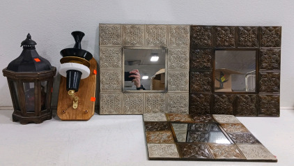 (6) Decorative Pieces - (1) Outdoor Lantern (1) Model of Alexander Graham Bell's First Telephone (3) Ornate Framed Mirrors (1) Rubbermaid Tote