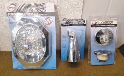 (1) Danco Tub / Shower Trim Kit For Pfister / Avante, Chrome Finish, (1) 5" Tub Spout, Chrome Finish & (1) Danco Trip Lever Overflow Plate & Stopper Assy, Chrome Finish