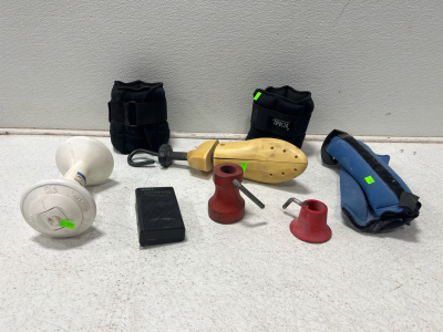 Assorted Home Workout Items- Vintage Cast Iron Barbell Collars, Ankle Weights, Sony Portable Radio And More!