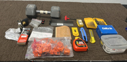 (1) 25LB Dumbell (1) Assorted Tools (2) Containers of Screws (1) Metal Basket