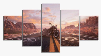 (1) 5-Panel Canvas Wall Art Print, Motorcycle On Route 66, 40"H x 70"L<br/><br/>
