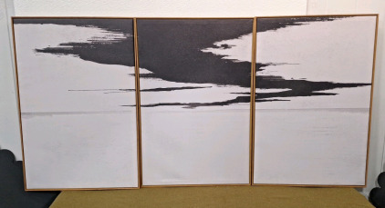 (1) 3-Panel, Framed Canvas Wall Art Print, Black & White Abstract 36"H x 70"L<br/><br/>