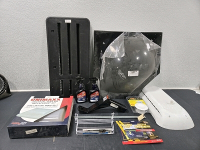 Assorted RV Parts: Curt Trailer Hitch Ball Mount-1" Hole, (2) *New* Bottles Black Cat Tire Dressing Shine, Unimaxx Universal Vent Lid, 360 Siphon RV Vent Cap, Angle SkyLight, & More!