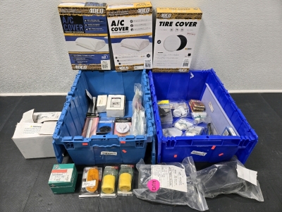 Assorted RV Parts: *New* Tire Cover, (2) *New* A/C Covers, (2) *New* Generator Adapters-20A 30A, *New* Onan QD Oil Filter, (3) *New* ⅞" Ace Locks, (3) *New* 40Amp MaxBlade Fuse, & More!