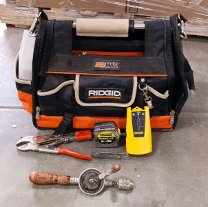 (6) Assorted Tools & Accessories - (1) Stanley Stud Finder (1) LeverWrench Pliers (1) Ridgid Tool Bag (1) Hand-Crank Drill (1) Stanley PowerLock Tape (1) Compartment Box
