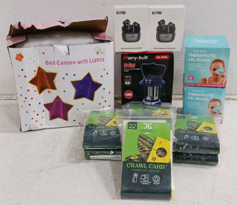 (15) Assorted Amazon Items - (2) Wireless Earbuds (1) Bed Canopy (8) Insect Trap Packs (Contains 50 per Pack) (2) Gel Beads (1) Solar Lantern