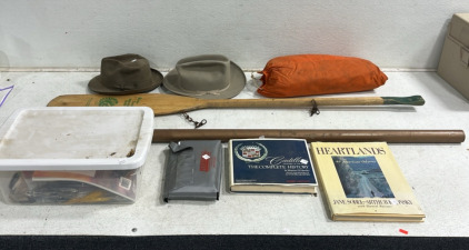 Container of Sewing & other materials. (2) Books (1) Paddle (1) Pole (2) Vintage Hats (1) Outdoor Camping Item