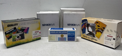 ALL BRAND NEW!(4) Stratasys 3D Printing Filaments- In Colors Nectarine, Ivory, & Yellow-(1) Premium Laser Toner Cartridge & (2) Fishers Quality Laser Cartridges