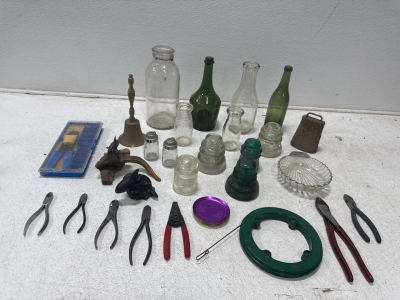 Assorted Glass Bottles And Tools