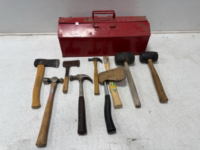 (1) Red Tool Box Filled With Assorted Axes, Hammers, And Mallets