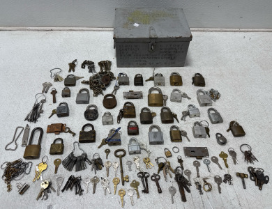 (1) Grey Metal Tool Box Filled With A Bunch Of Assorted Locks And Keys