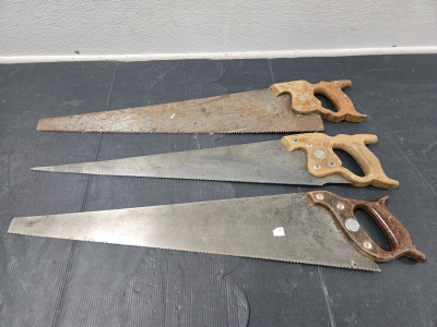 (3) Vintage Henry Disston Rip Hand Saws w/ Wood Handles - 29"