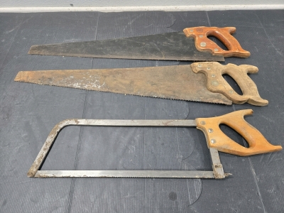 (1) Vintage Wood Handle Disston Keystone Hacksaw - 18" Blade, (2) Vintage Wood Handle Rip Hand Saws - 29"