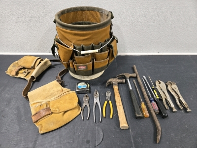 Bucketboss Brand #56 Tool Storage w/ Bucket & Assorted Hand Tools & Leather Tool Belt