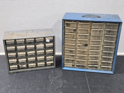 Set of (2) Small Storage Cabinets w/ Drawers - Grey 9⅜"H x 5&frac14;"D x 12"W - Blue 13&frac12;"H x 6&frac14;"D x 13"W