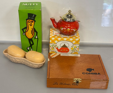 Antique Avon Nutty Soap Dish With (2) Peanut Soap Bars, Avon Tea Pot And Cigar Box