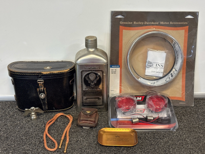 Binoculars Case, Harley-Davidson Headlamp Trim Ring, Vintage Lighter Sling With Bolo Tie And More